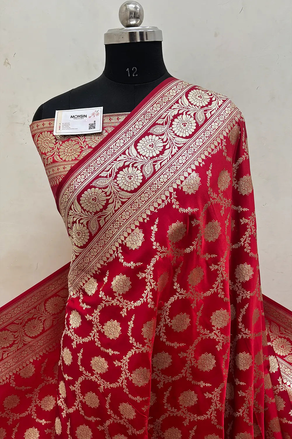 Pinkish Red Murmuri Jaal Katan Satin Silk Banarasi Saree