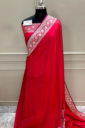 Pinkish Red Plain Zari Border Katan Silk Banarasi Saree