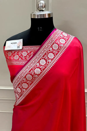 Pinkish Red Plain Zari Border Katan Silk Banarasi Saree
