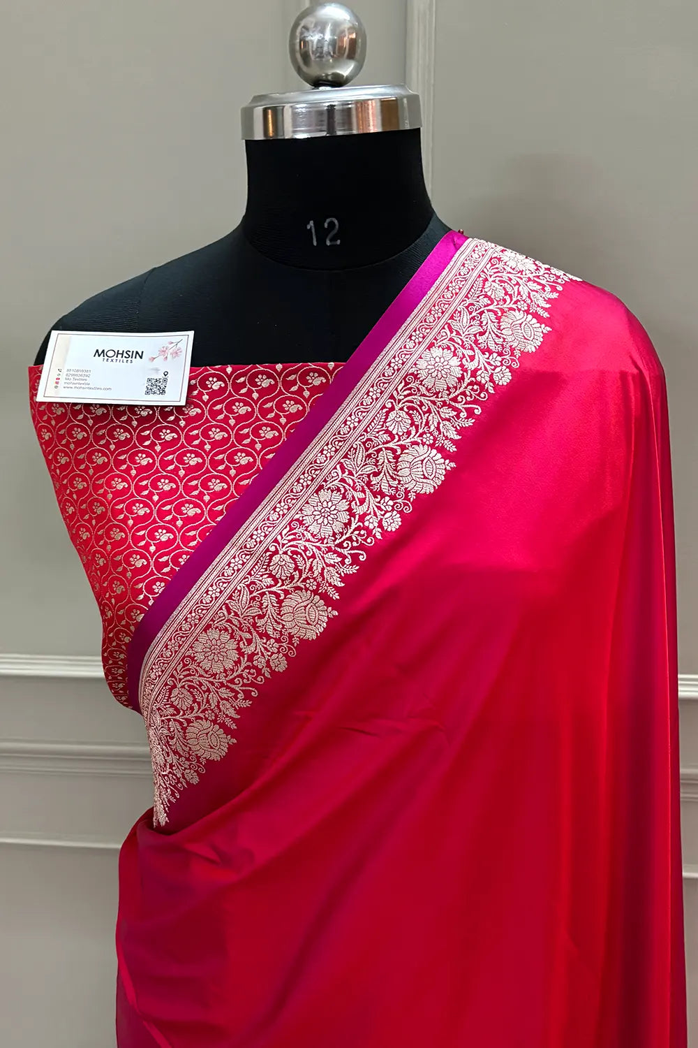 Pinkish Red Plain Zari Border Katan Silk Banarasi Saree