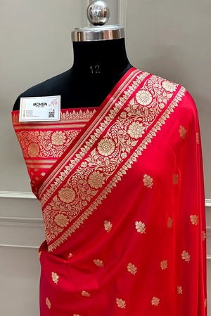Pinkish Red Podina Buti Katan Silk Banarasi Saree