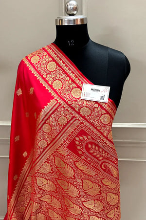 Pinkish Red Podina Buti Katan Silk Banarasi Saree