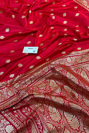 Pinkish Red Podina Buti Katan Silk Banarasi Saree