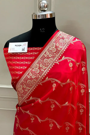 Pinkish Red Rowa Laher Katan Silk Banarasi Saree