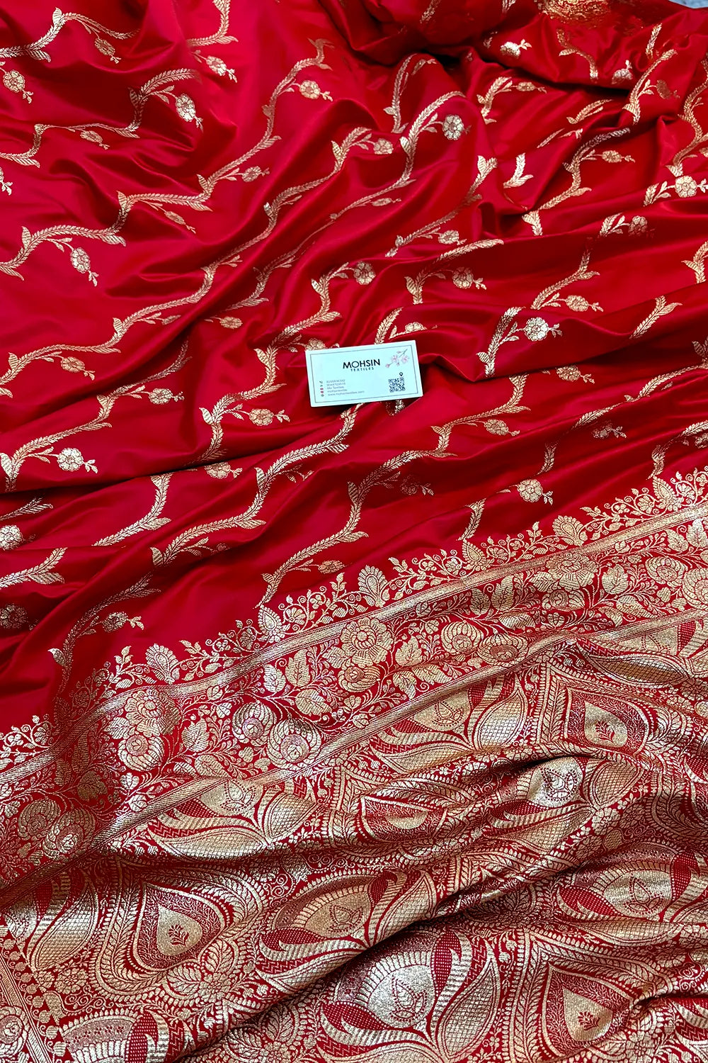 Pinkish Red Rowa Laher Katan Silk Banarasi Saree