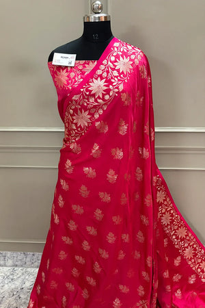 Pinkish Red Zari Banarasi Silk Saree
