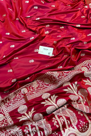 Pinkish Red Zari Katan Silk Banarasi Saree
