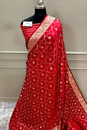 Pinkish Red Zari Katan Silk Banarasi Saree
