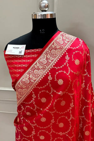 Pinkish Red Zari Katan Silk Banarasi Saree