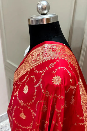 Pinkish Red Zari Katan Silk Banarasi Saree