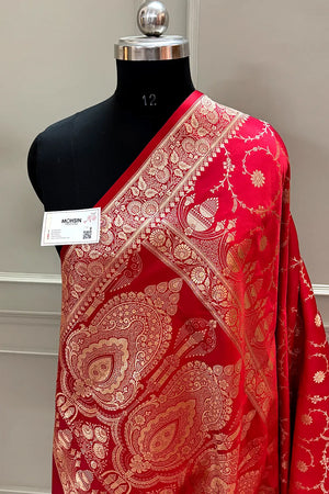 Pinkish Red Zari Katan Silk Banarasi Saree