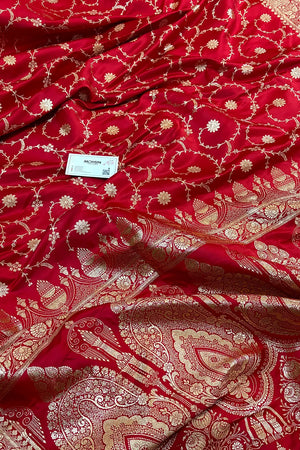 Pinkish Red Zari Katan Silk Banarasi Saree