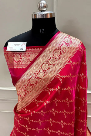 Pinkish Red Zari Katan Silk Banarasi Saree