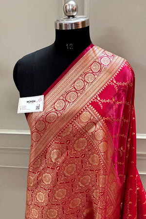 Pinkish Red Zari Katan Silk Banarasi Saree