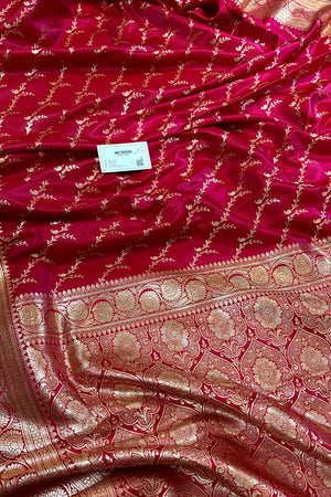 Pinkish Red Zari Katan Silk Banarasi Saree