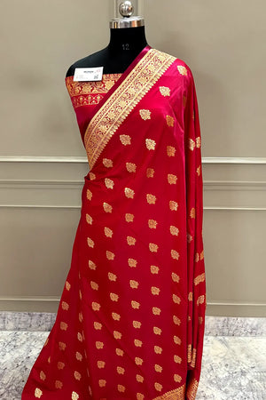 Pinkish Red Zari Katan Silk Banarasi Saree