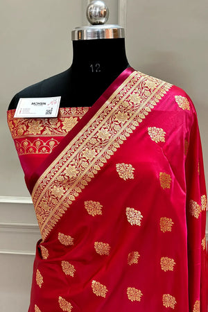 Pinkish Red Zari Katan Silk Banarasi Saree