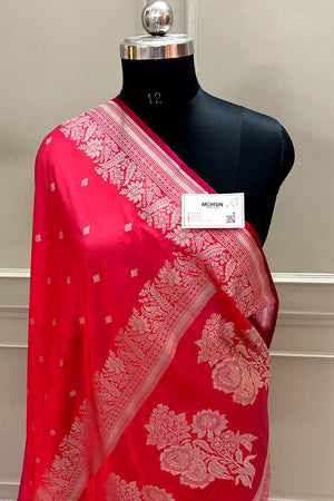 Pinkish Red Zari Katan Silk Banarasi Saree