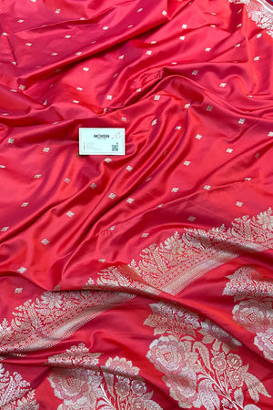 Pinkish Red Zari Katan Silk Banarasi Saree