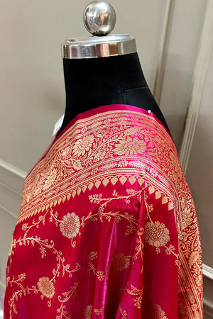 Pinkish Red Zari Katan Silk Banarasi Saree