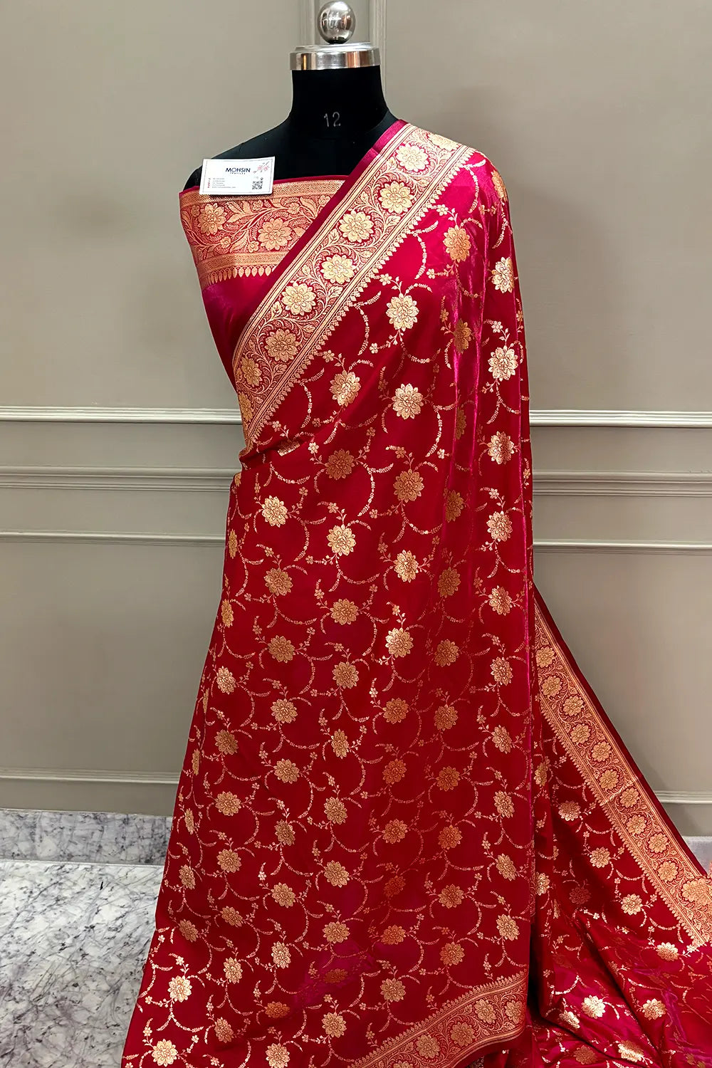 Pinkish Red Zari Katan Silk Banarasi Saree