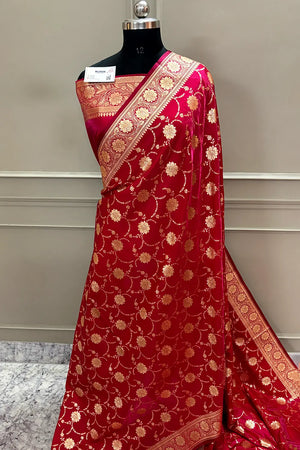 Pinkish Red Zari Katan Silk Banarasi Saree