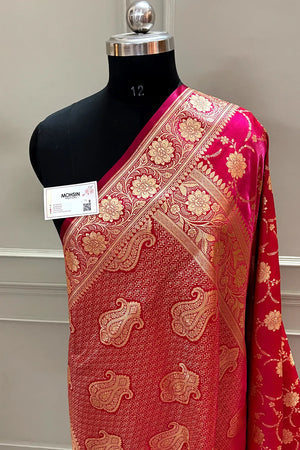 Pinkish Red Zari Katan Silk Banarasi Saree