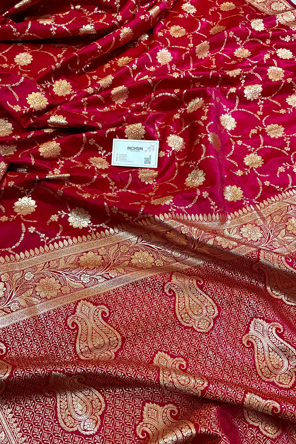 Pinkish Red Zari Katan Silk Banarasi Saree