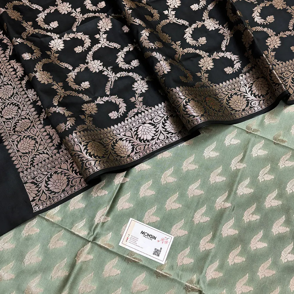 Pista and Black Semi Katan Silk Banarasi Suit