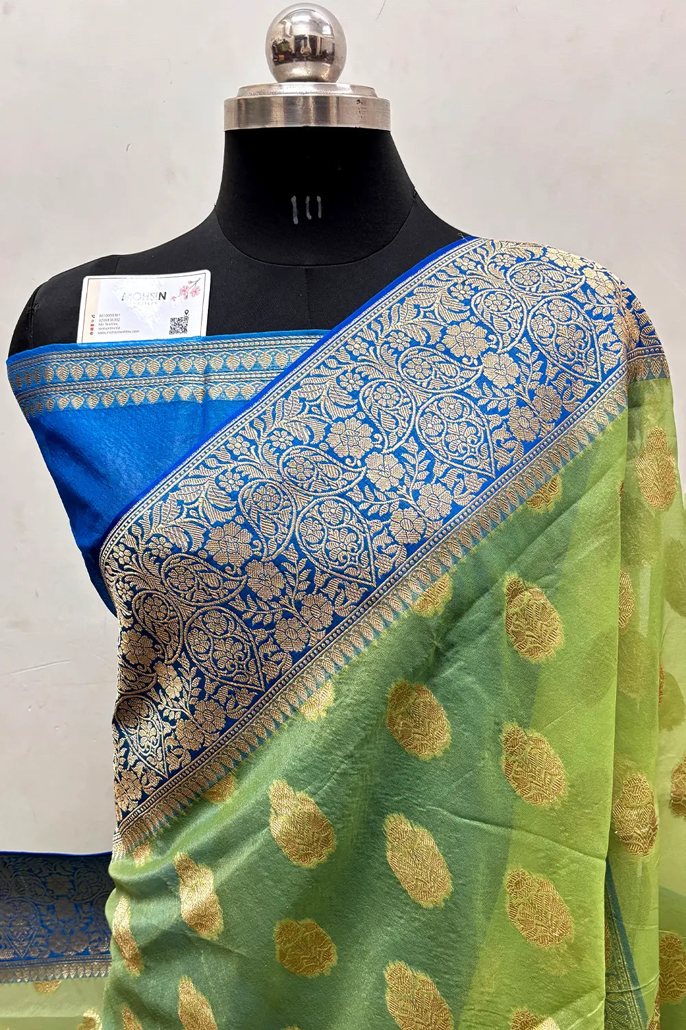 Pista and Blue Organza Silk Banarasi Saree