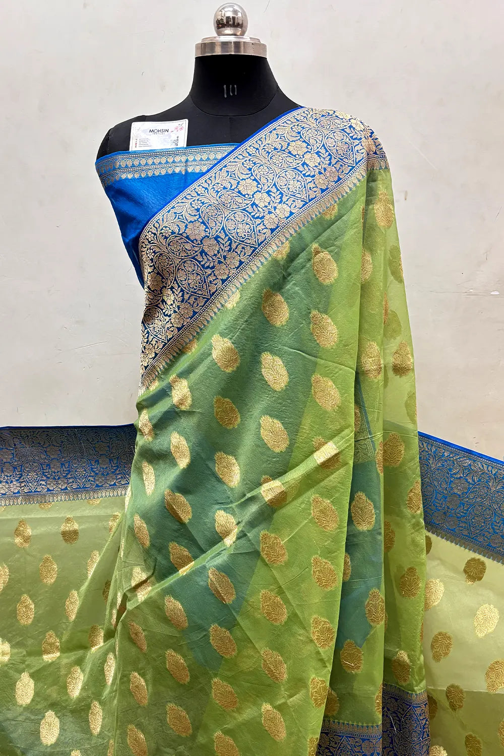 Pista and Blue Organza Silk Banarasi Saree