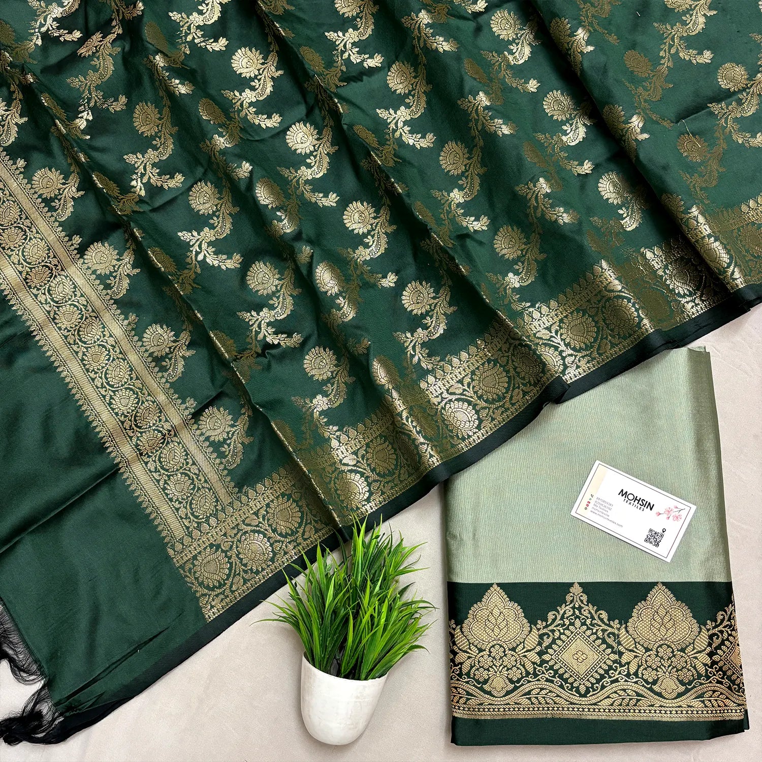 Pista and Bottle Green Plain Semi Katan Silk Banarasi Silk Suit