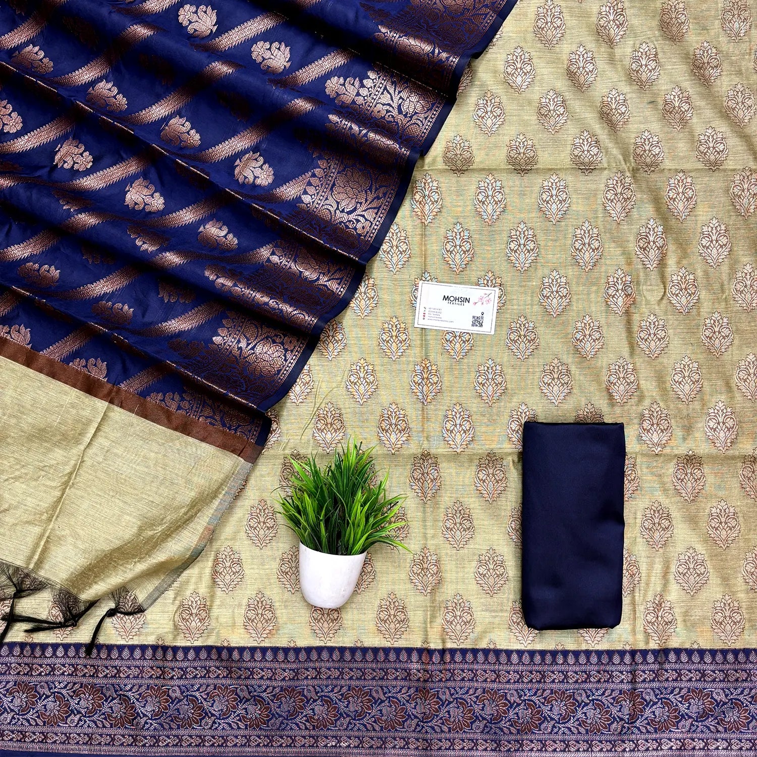 Pista and Navy Blue Banarasi Silk Suit