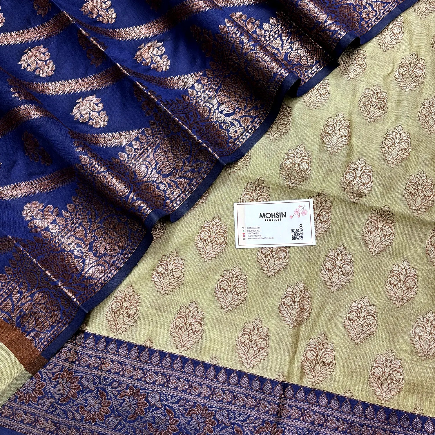 Pista and Navy Blue Banarasi Silk Suit