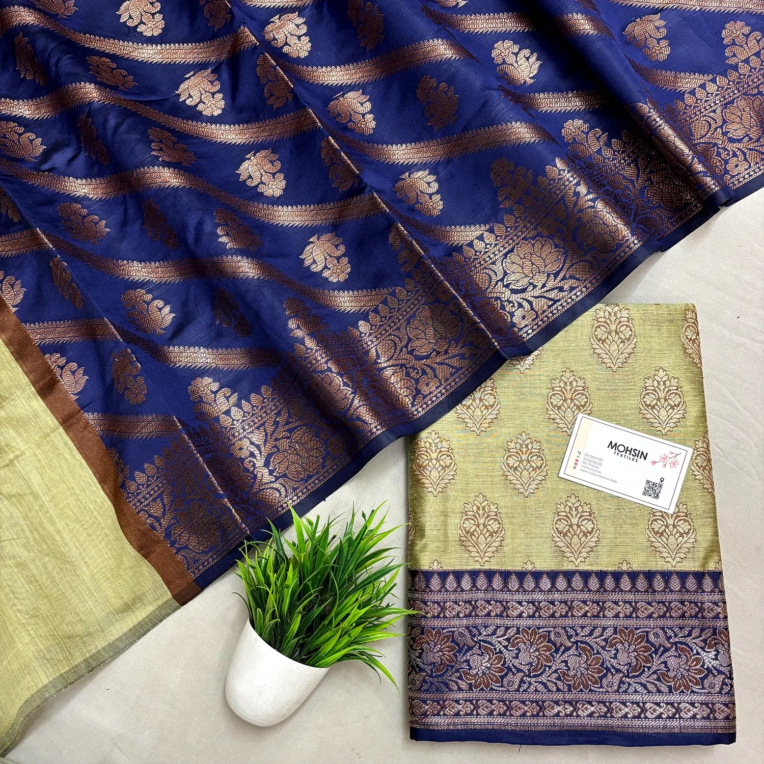 Pista and Navy Blue Banarasi Silk Suit