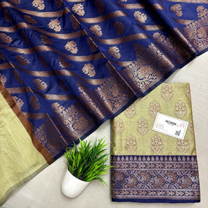 Pista and Navy Blue Banarasi Silk Suit