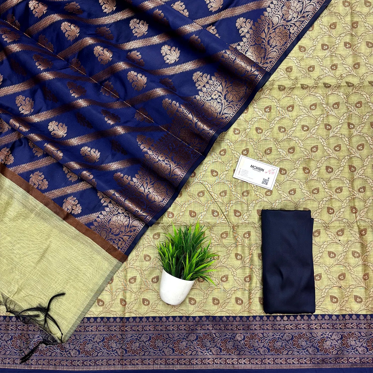 Pista and Navy Blue Patti Jaal Banarasi Silk Suit