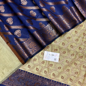 Pista and Navy Blue Patti Jaal Banarasi Silk Suit