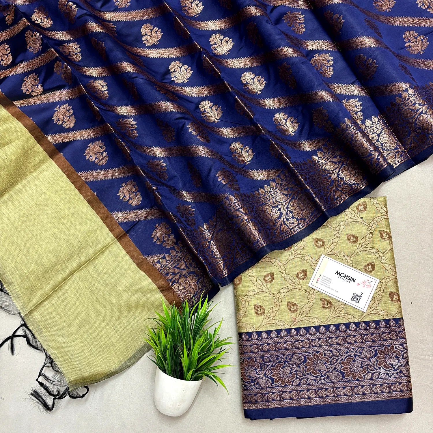 Pista and Navy Blue Patti Jaal Banarasi Silk Suit