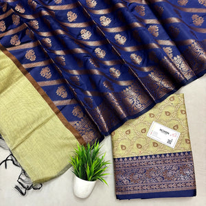 Pista and Navy Blue Patti Jaal Banarasi Silk Suit