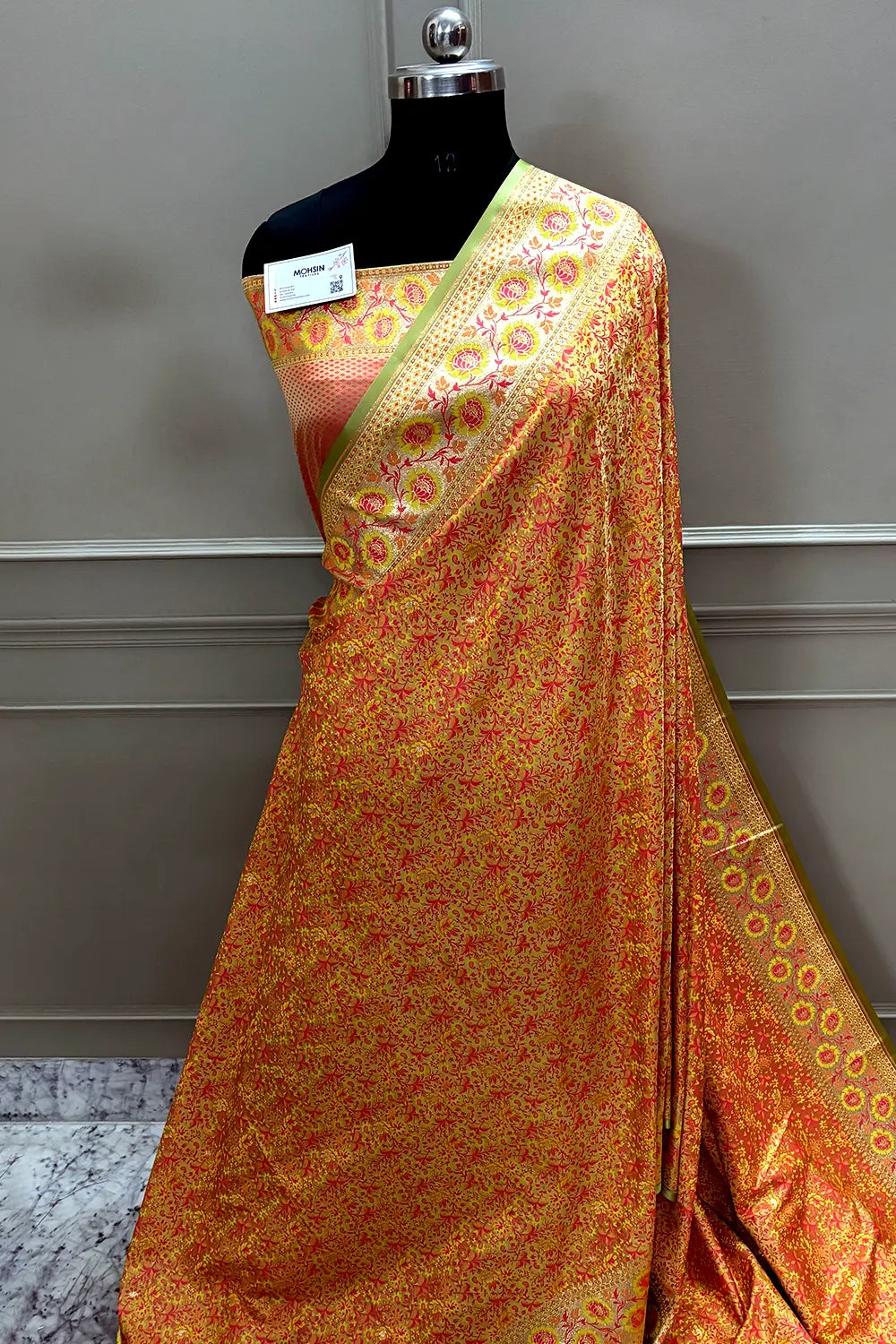 Pista and Peach Jungli Jaal Katan Silk Banarasi Saree