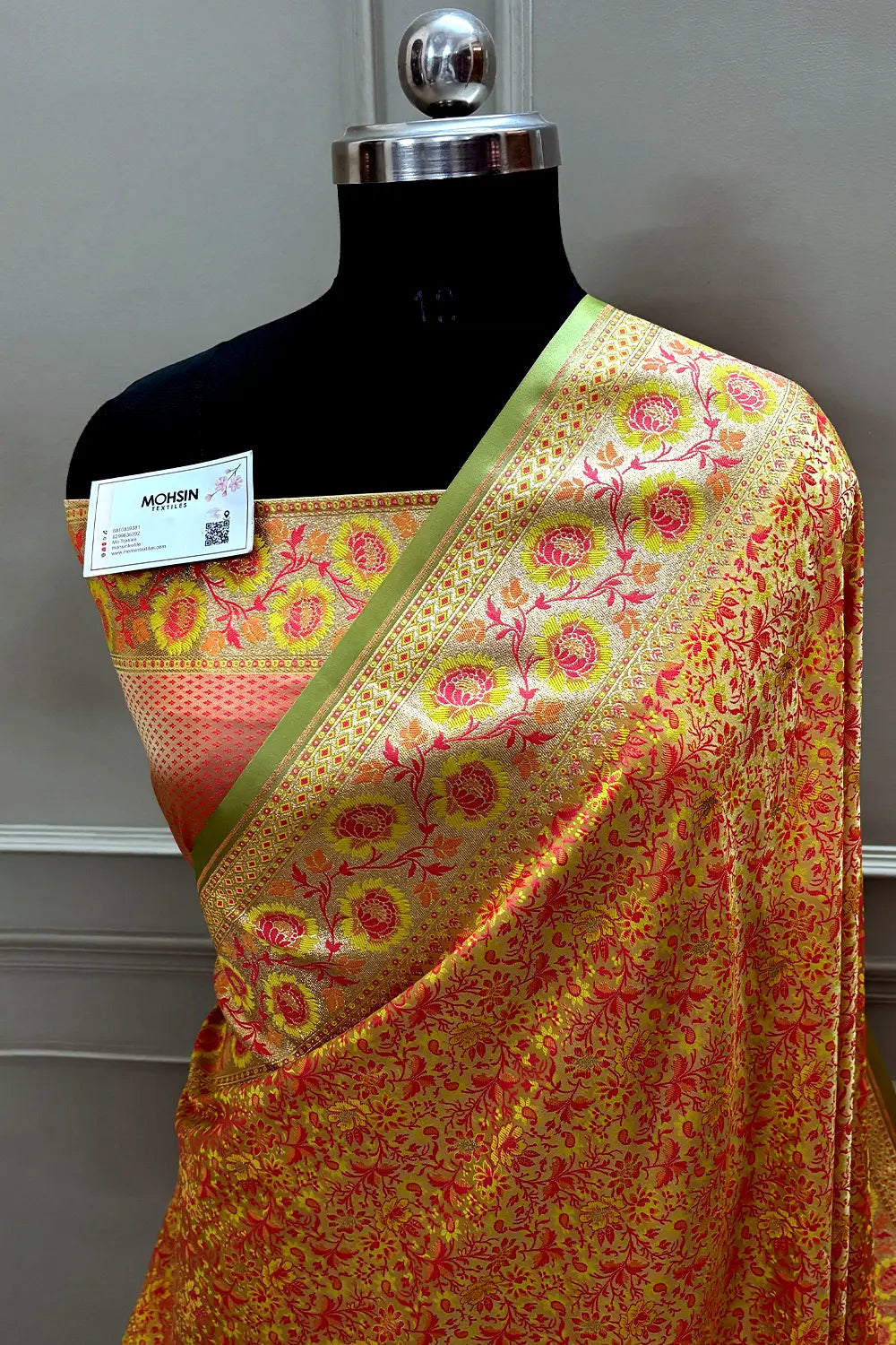 Pista and Peach Jungli Jaal Katan Silk Banarasi Saree