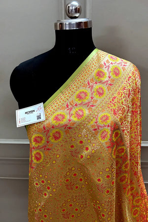 Pista and Peach Jungli Jaal Katan Silk Banarasi Saree