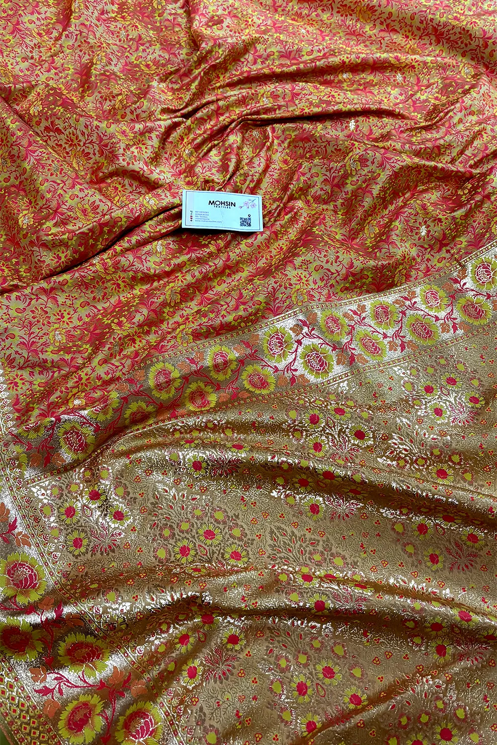 Pista and Peach Jungli Jaal Katan Silk Banarasi Saree