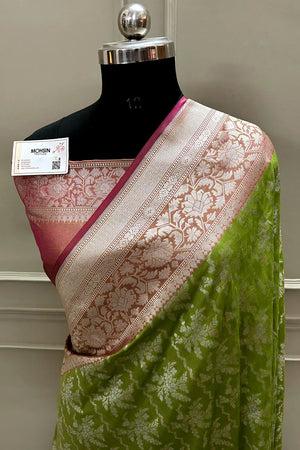 Pista and Peach Zari Katan Silk Banarasi Saree