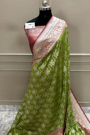 Pista and Peach Zari Katan Silk Banarasi Saree