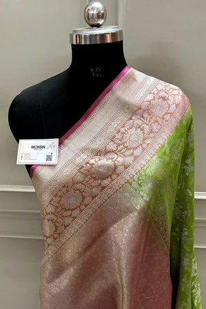 Pista and Peach Zari Katan Silk Banarasi Saree