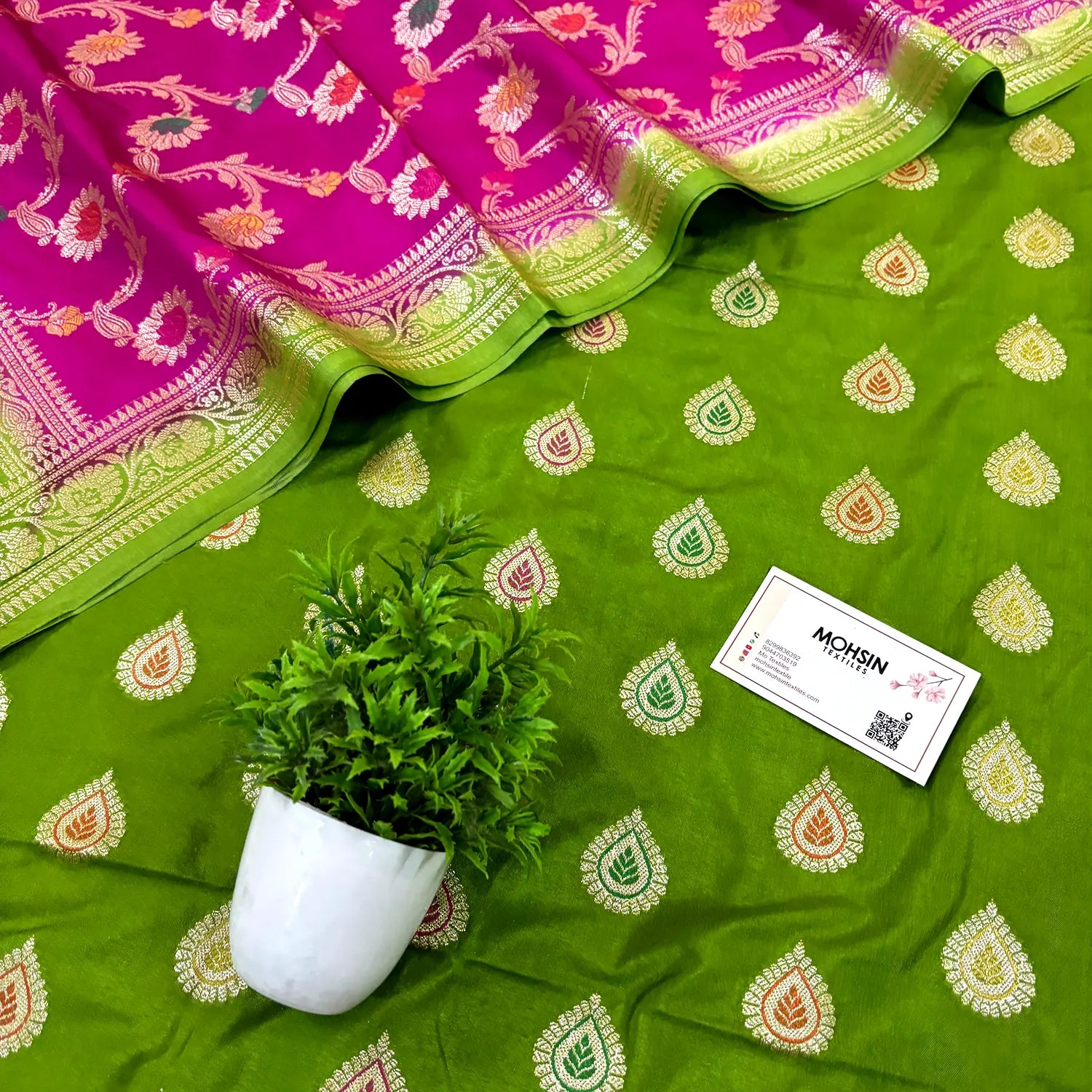 Pista and Pink Zari Katan Silk Banarasi Suit