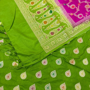 Pista and Pink Zari Katan Silk Banarasi Suit