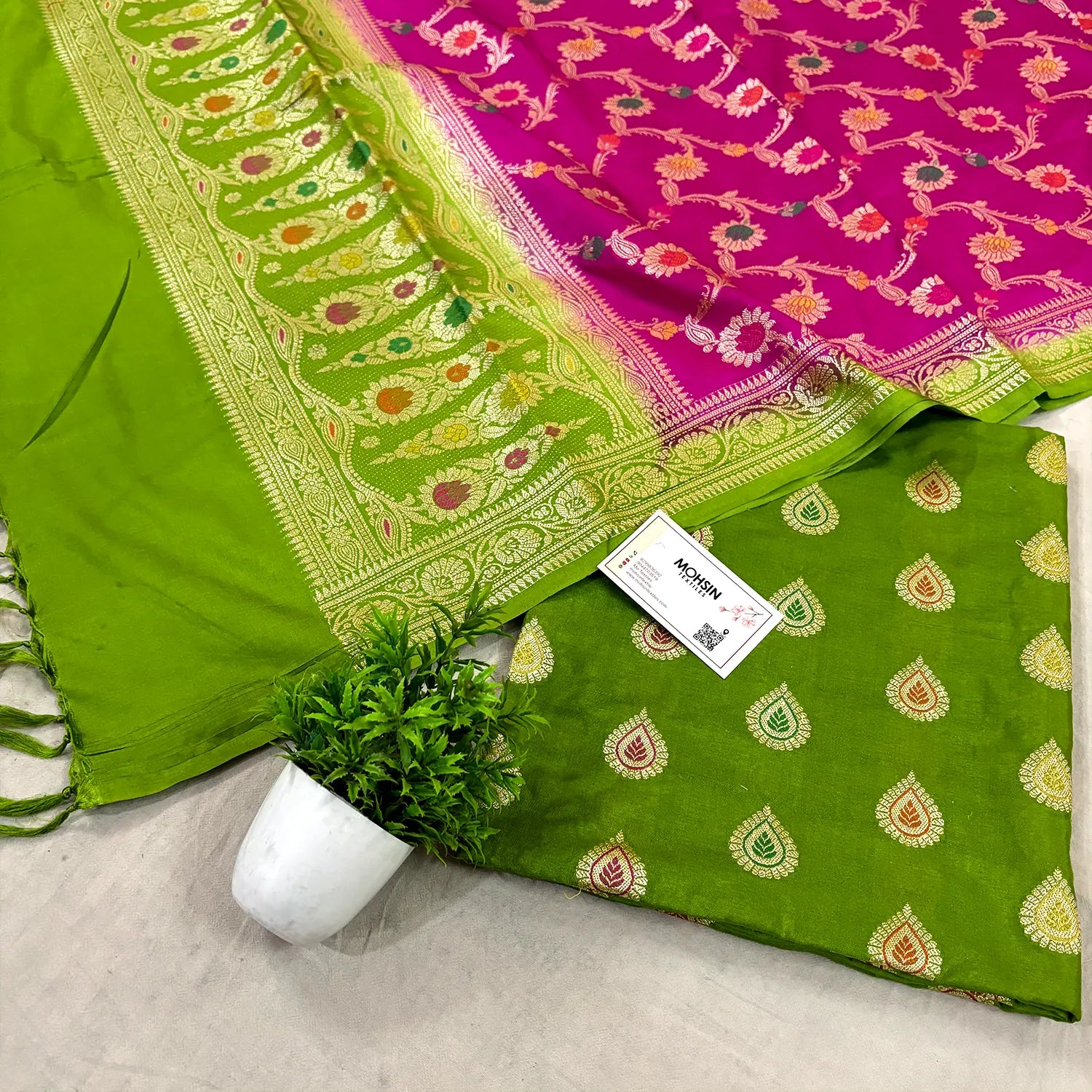 Pista and Pink Zari Katan Silk Banarasi Suit